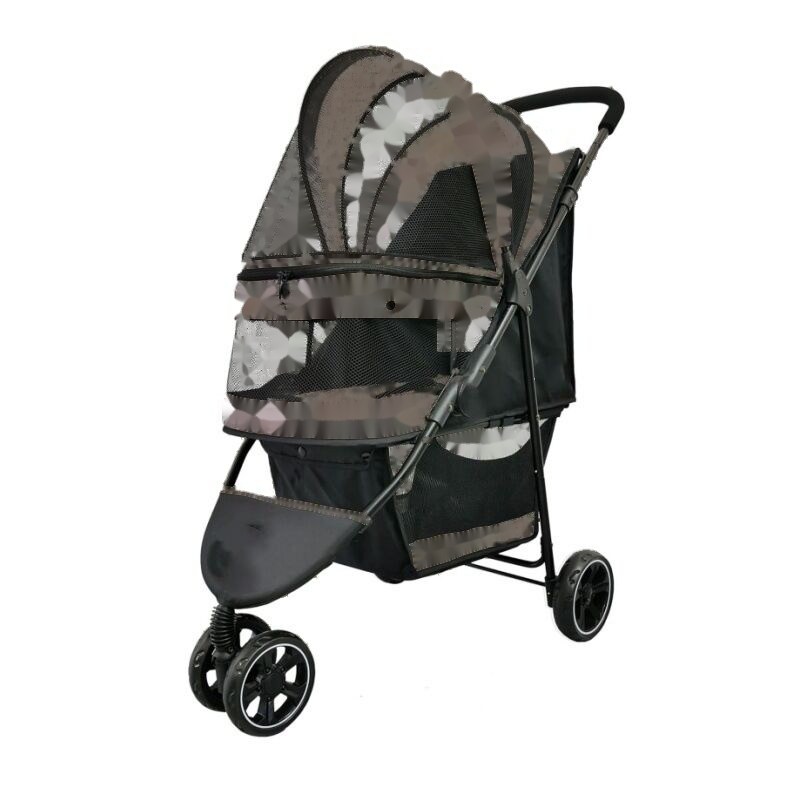 Standard four-wheel pet stroller OEM model with camouflage Oxford fabric, steel frame, and EVA wheels — illustrating the most common pet stroller type for B2B wholesale