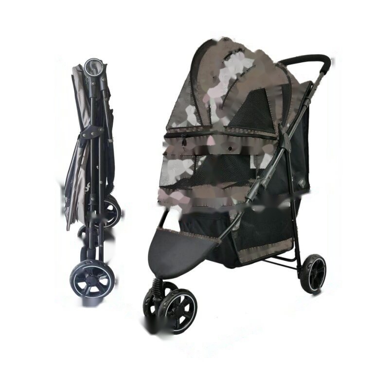 Foldable pet stroller OEM model shown in both fully-open and one-hand-folded compact position — demonstrating travel-friendly design for private label brands