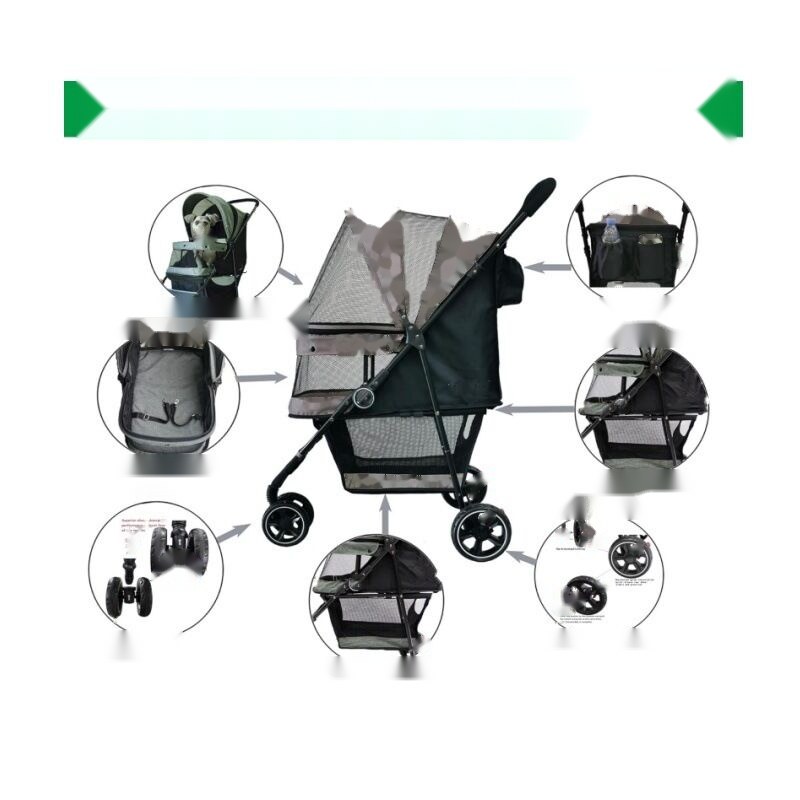 Pet stroller OEM feature breakdown showing frame materials, wheel options, cabin configurations, and accessory attachment points available for customization