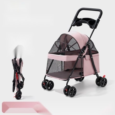 Close view of a pet stroller cabin in durable Oxford fabric with mesh window — illustrating pet stroller OEM fabric and frame material options