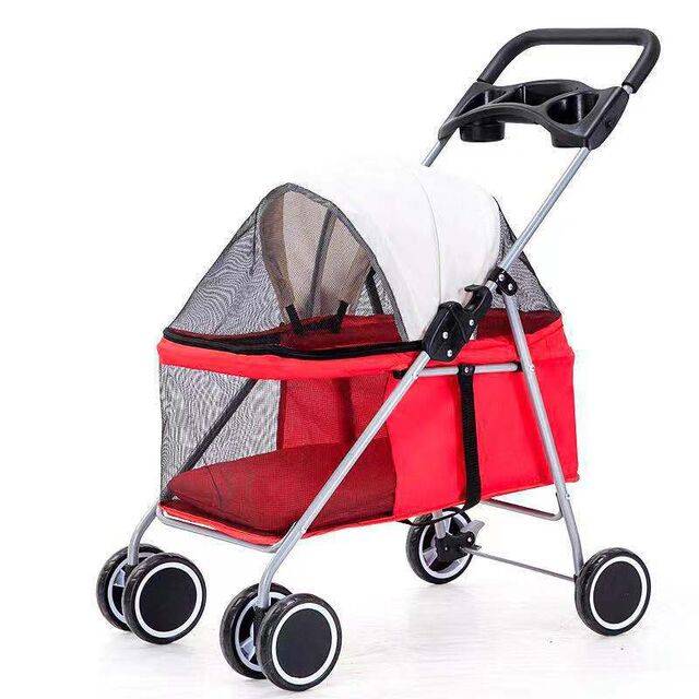 Four-wheel pet stroller OEM model with parent tray, cup holders, canopy and mesh windows — customizable pet stroller features for wholesale buyers