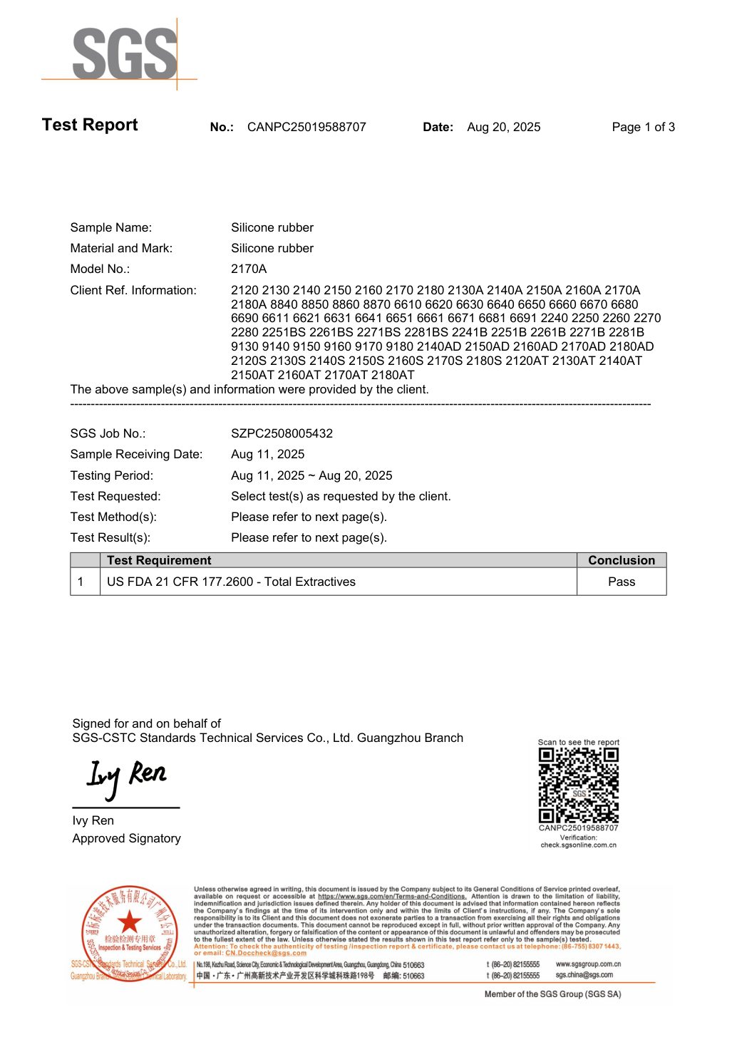 SGS test report CANPC25019588707, US FDA 21 CFR 177.2600 total extractives, result pass