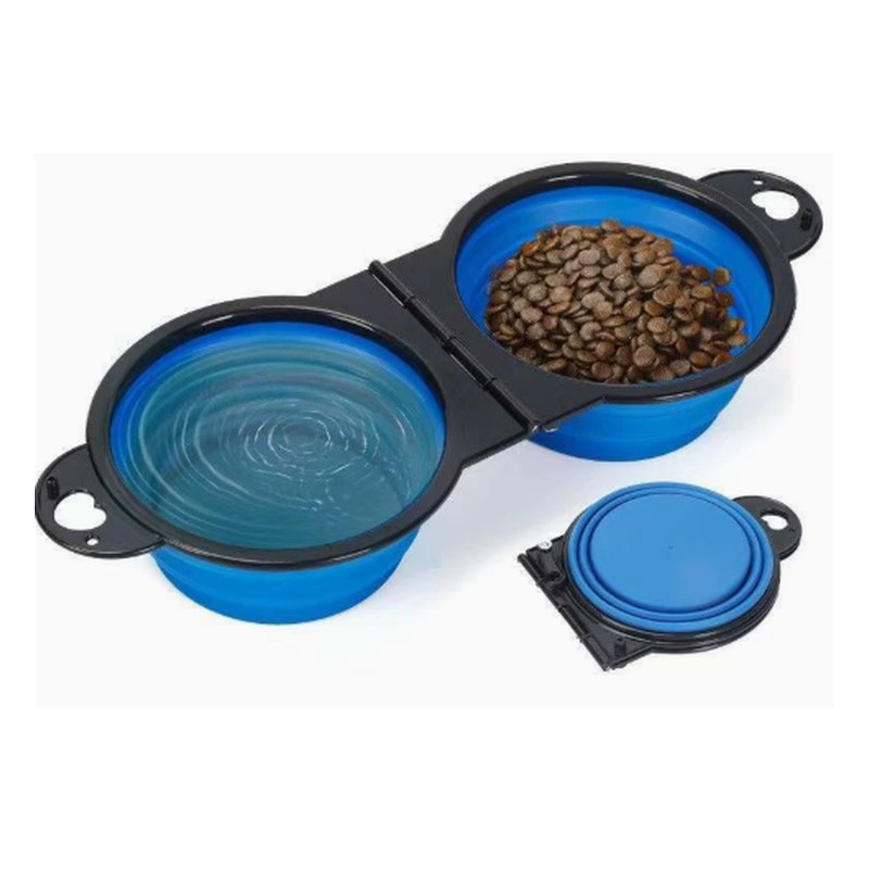 Collapsible silicone pet bowls in blue and pink with dry food