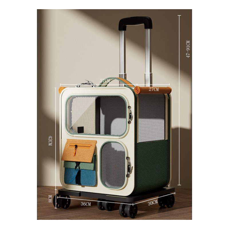 Rolling pet carrier in cream and green with a telescopic handle