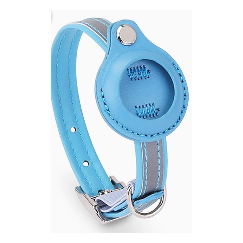 Sky blue silicone collar with a holder for an AirTag