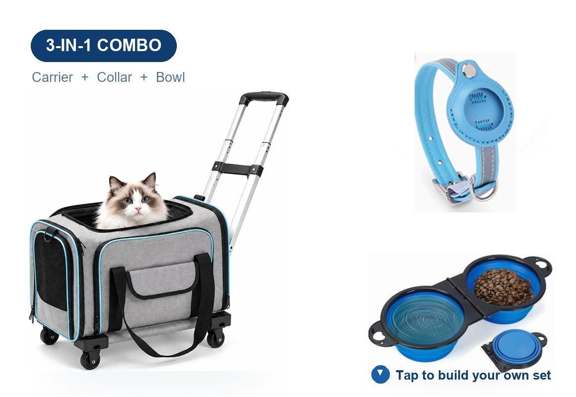 3-in-1 pet carrier combo set: a rolling cat carrier, a breakaway safety collar and a collapsible food-grade silicone bowl