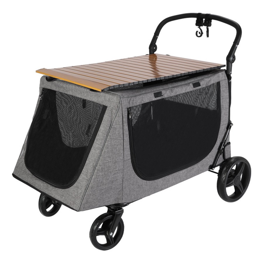 Camping pet stroller with fold-out table top over the cabin roof