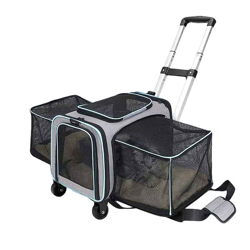 Foldable pet carrier bag with trolley handle and mesh side bag