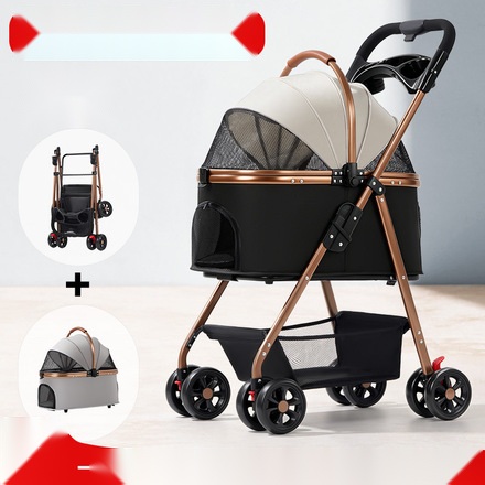 Double-deck foldable cat stroller — two cats, escape-proof mesh cabin