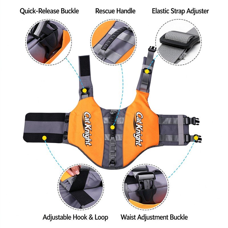Exploded construction view: quick-release buckle, rescue handle, elastic strap adjuster, adjustable hook-and-loop and wrist adjustment buckle