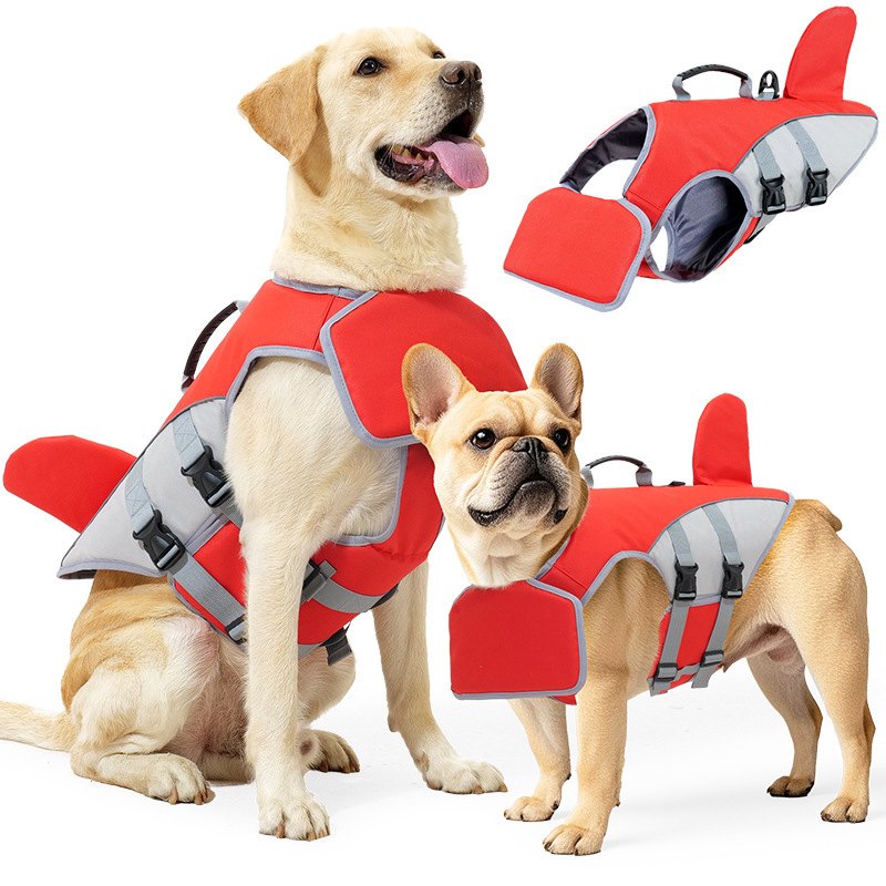 Full body mobility and rescue vest, red, with back rescue handle, shown on two dogs