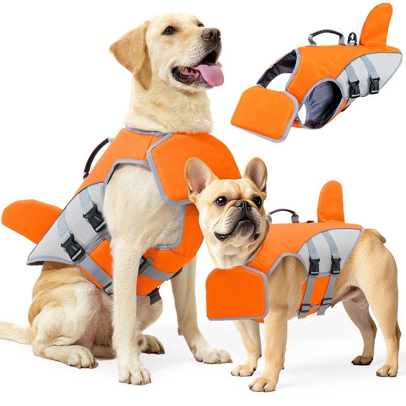 Full body mobility and rescue vest, orange, with reflective edging, shown on two dogs